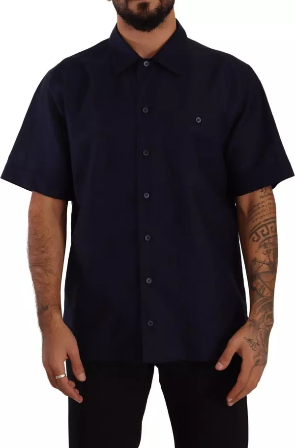 Navy Blue Button Down Short Sleeves Shirt