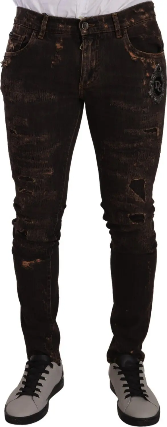 Brown Distressed Slim Fit Skinny Denim Jeans