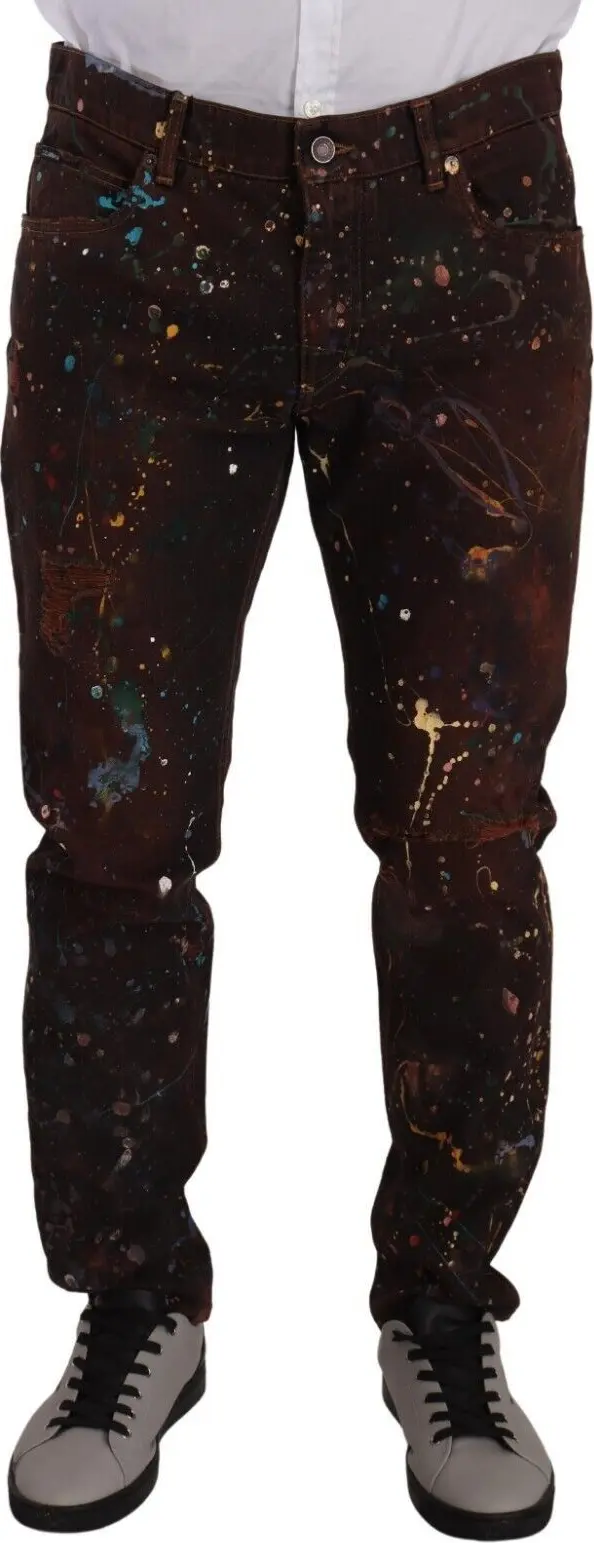 Brown Splash Color Cotton Regular Denim Jeans