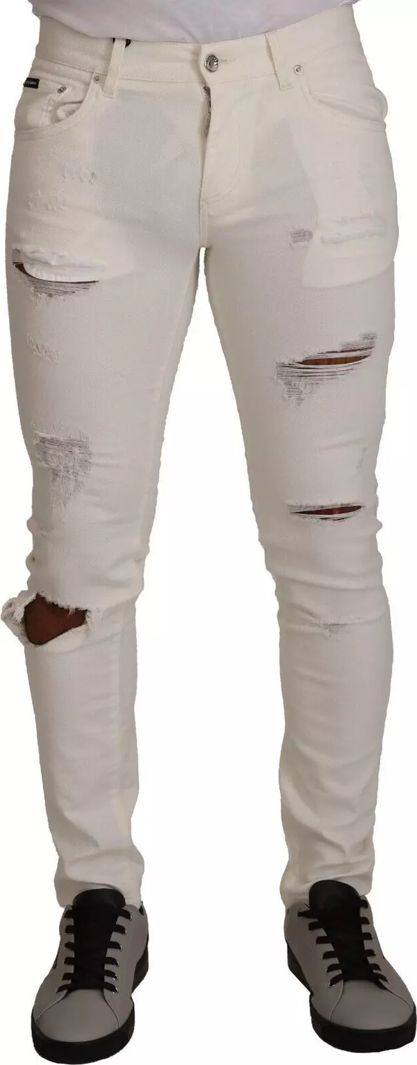 White Tattered Skinny Cotton Men Denim Jeans