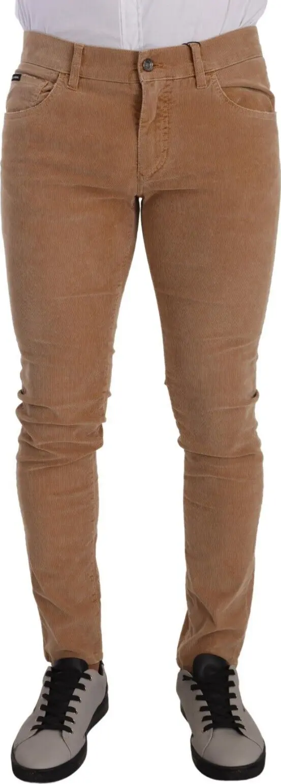 Brown Corduroy Cotton Skinny Slim Fit Jeans