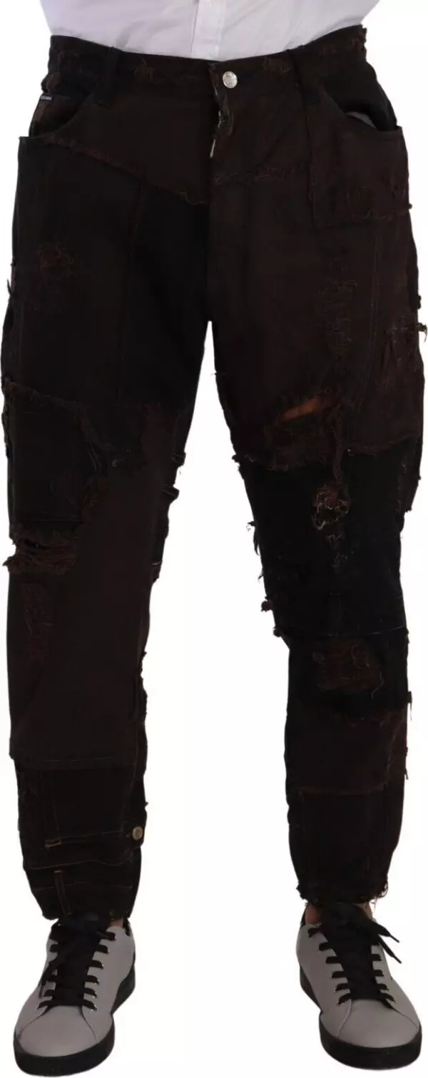 Brown Cotton Distressed Regular Denim Jeans