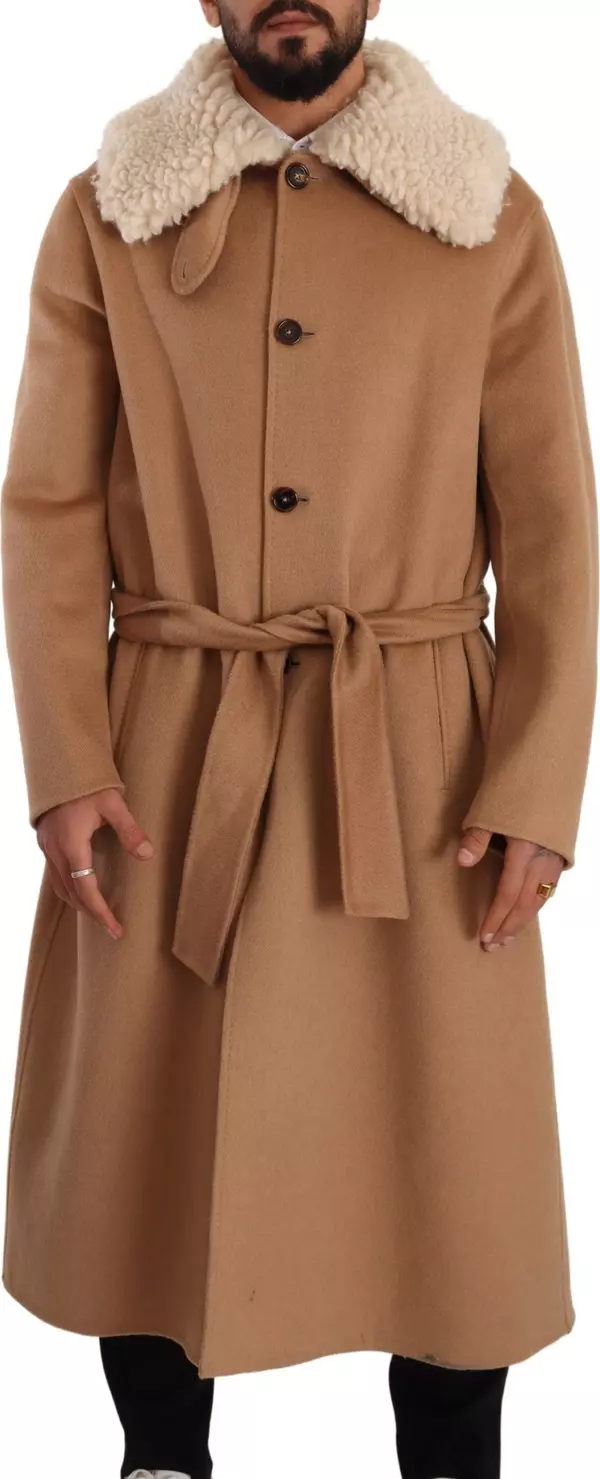 Beige Camel Skin Cashmere Shearling Overcoat Jacket
