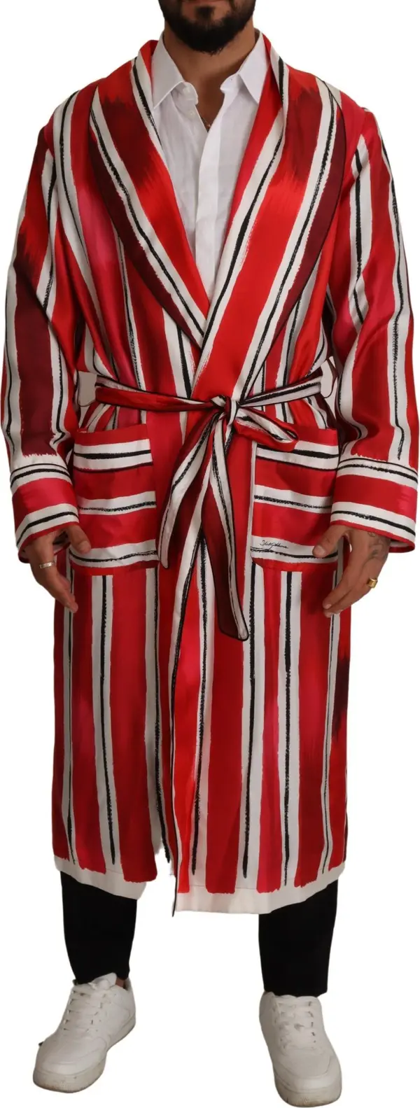 Red White Striped Silk Mens Night Gown Robe