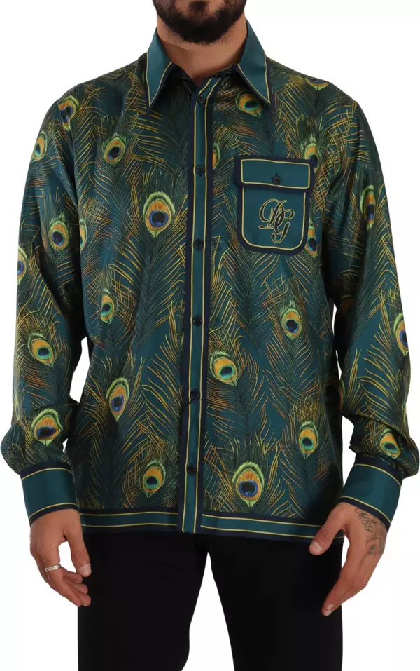 Peacock Feather Print Silk Pajama Mens Shirt