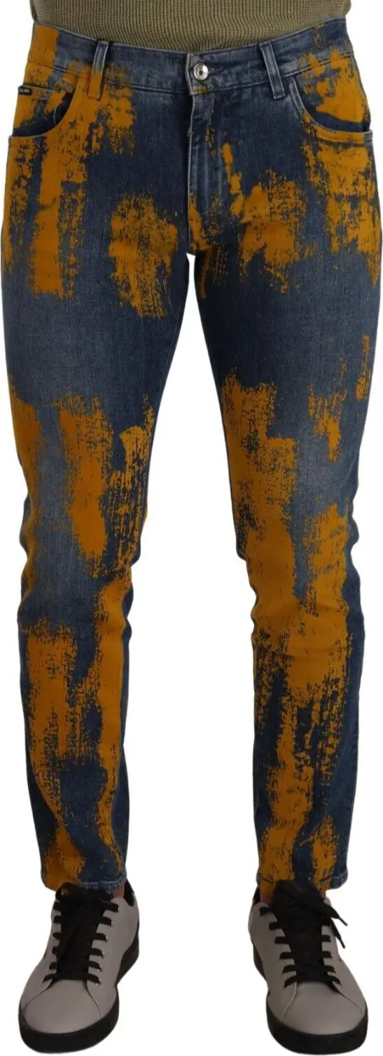 Blue Yellow Dye Cotton Skinny Men Denim Jeans