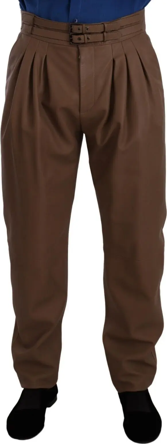 Brown Leather Tapered High Waist Pants