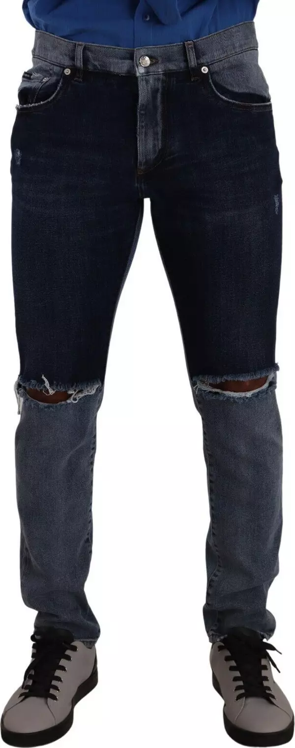 Blue Two Tone Tattered Cotton Slim Denim Jeans