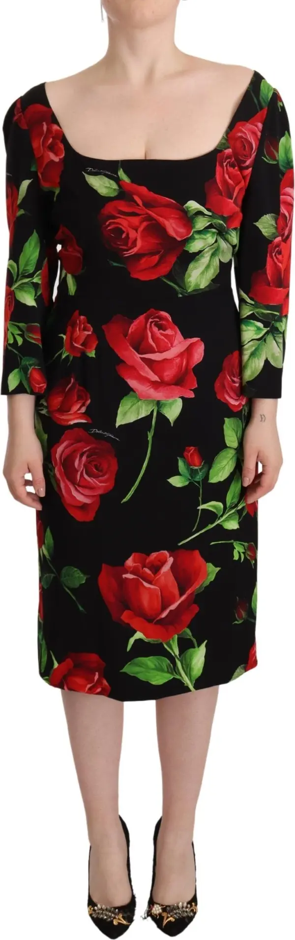 Black Red Roses Sheath Stretch Silk Dress