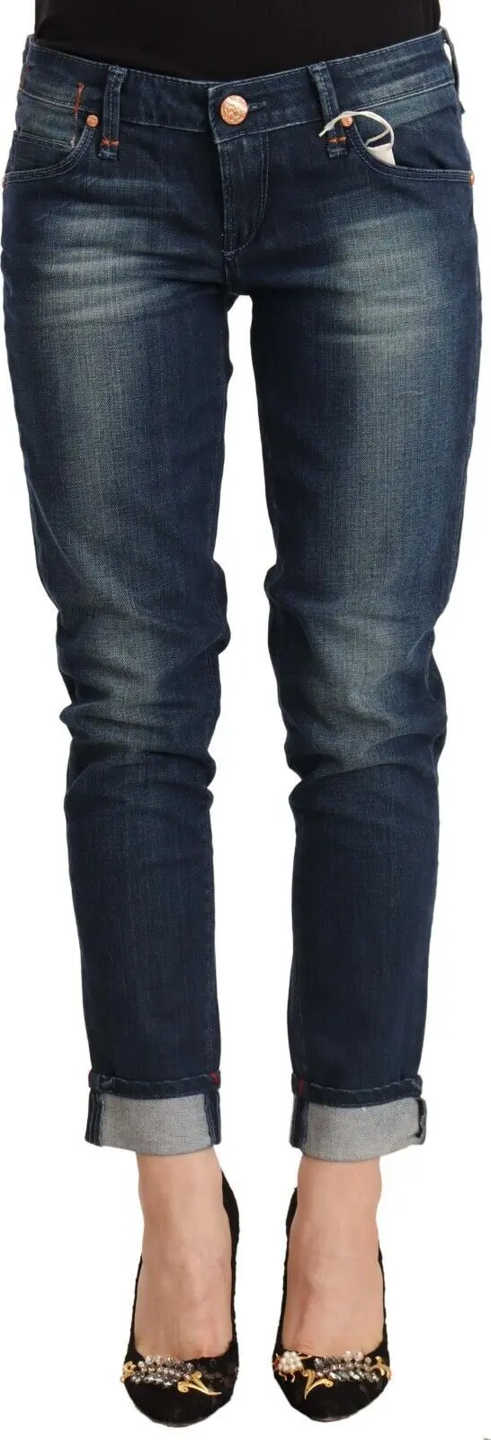 Blue Washed Low Waist Skinny Denim Folded Hem Jeans
