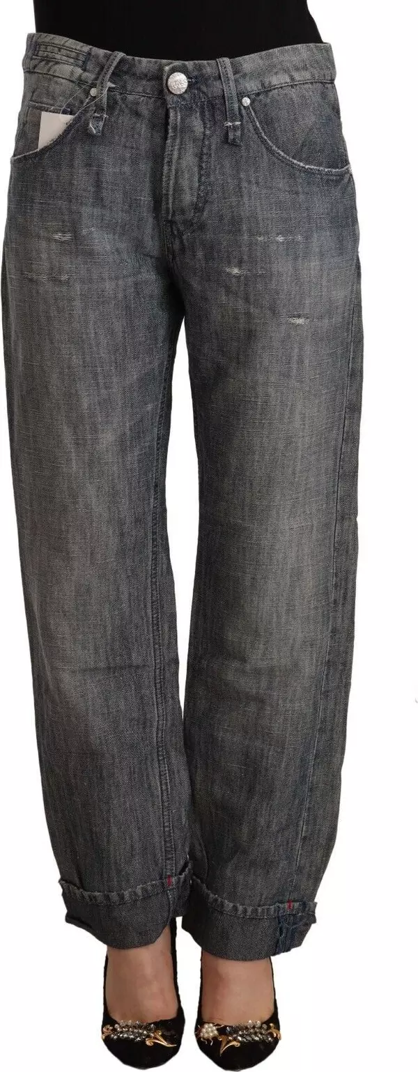 Gray Washed Ramie Straight Denim Folded Hem Jeans