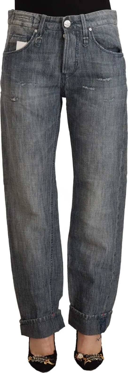 Gray Washed Mid Waist Straight Denim Folded Hem Jeans