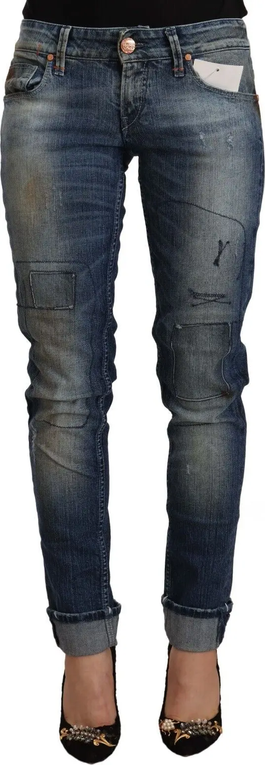 Blue Washed Low Waist Folded Hem Slim Fit Jeans