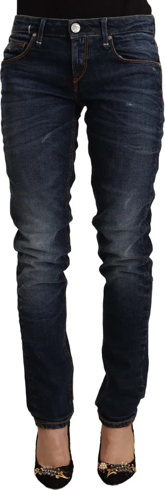 Blue Washed Cotton Mid Waist Skinny Denim Jeans