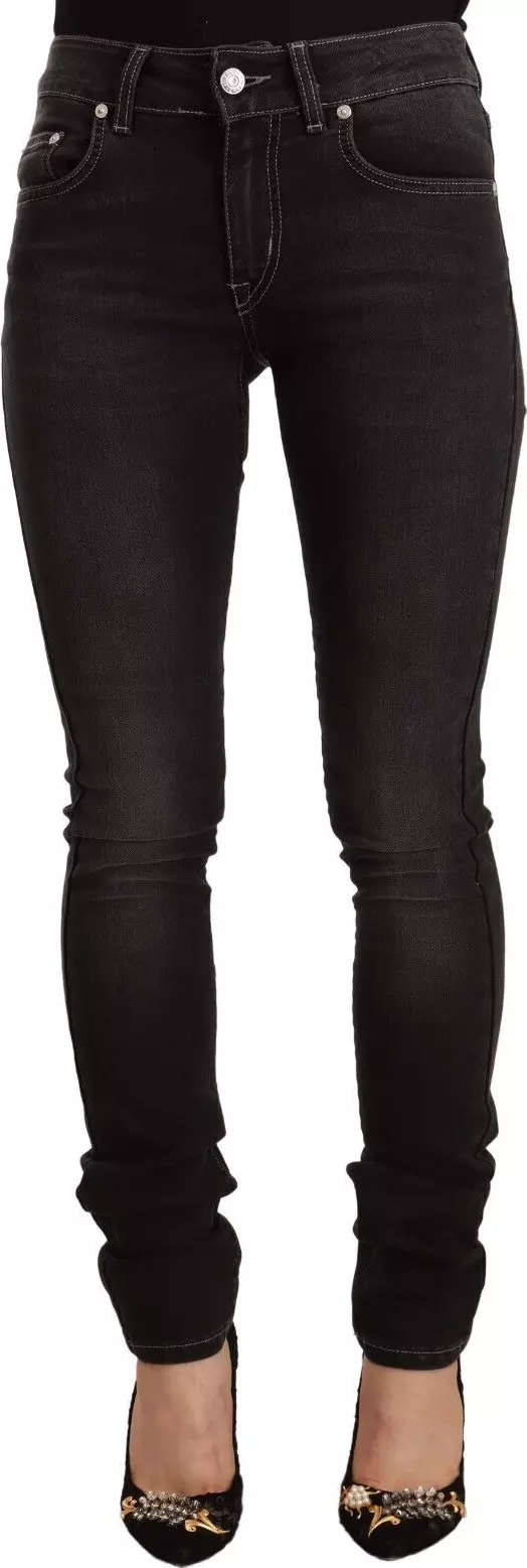 Black Washed Mid Waist Cotton Denim Skinny Jeans