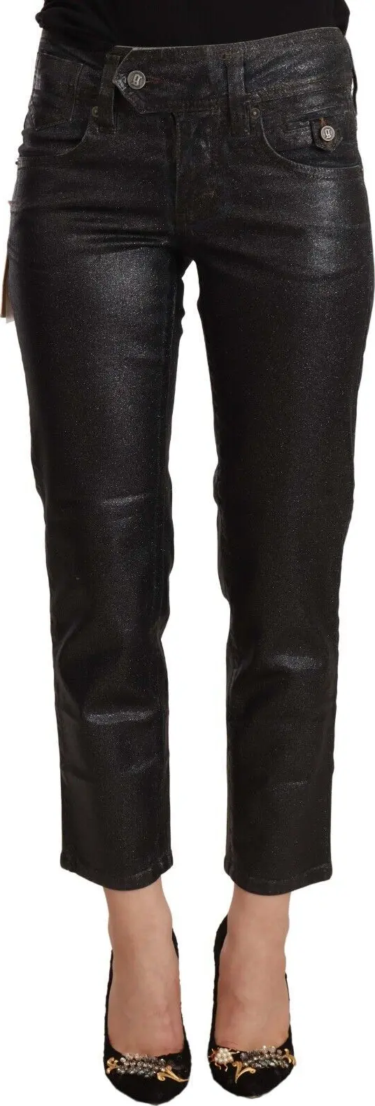 Black Glittered Mid Waist Cotton Cropped Pants