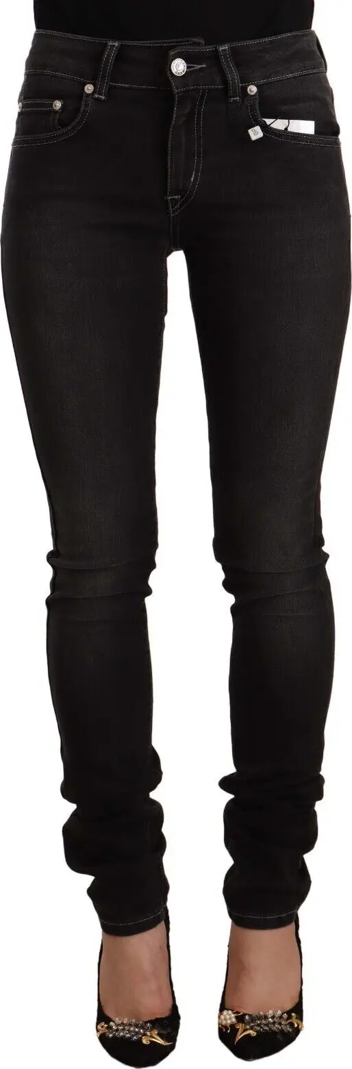 Black Washed Mid Waist Cotton Skinny Slim Fit Jeans