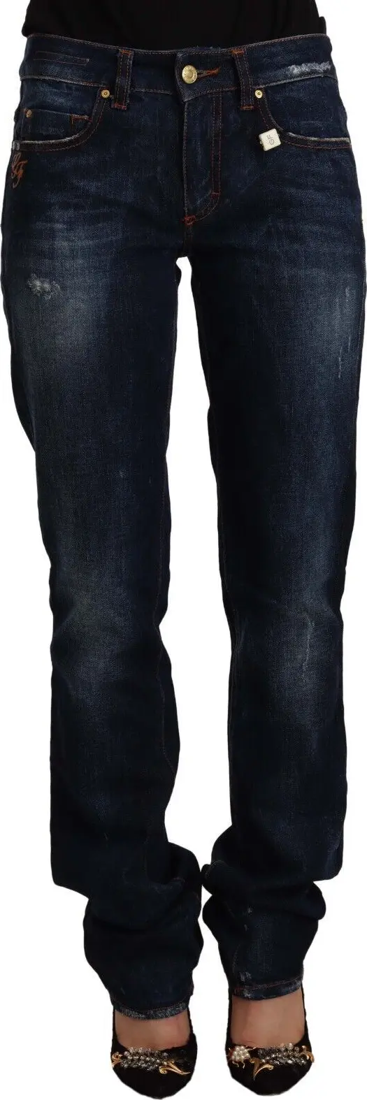 Dark Blue Washed Mid Waist Cotton Denim Straight Jeans