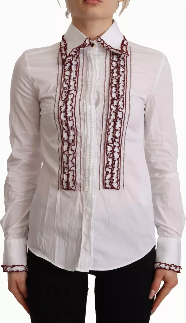 White Cotton Lace Long Sleeves Ruffle Collar Top Shirt