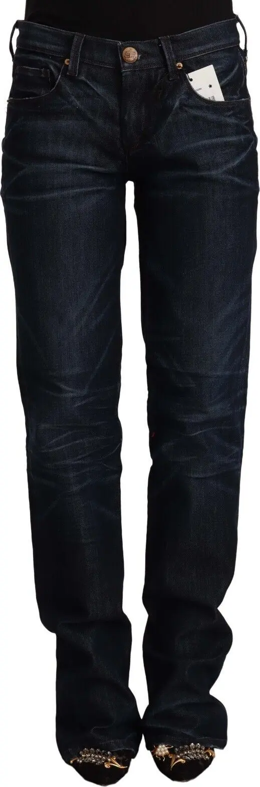 Dark Blue Mid Waist Cotton Denim Straight Jeans