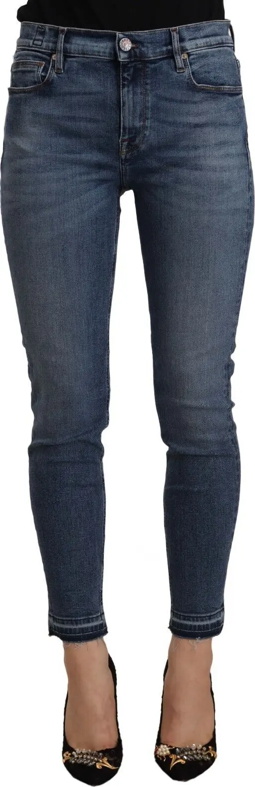 Blue Mid Waist Cotton Denim Slim Fit Cropped Jeans