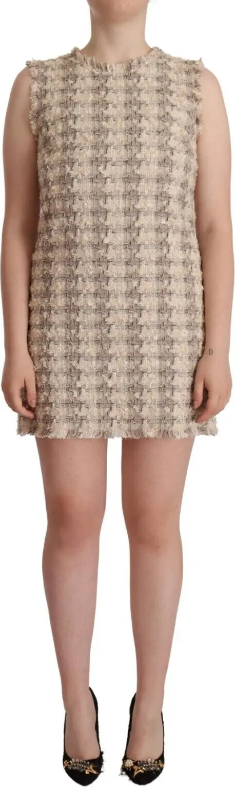 Beige Checkered Sleeveless Mini Shift Dress