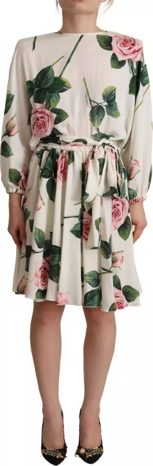 White Rose Print Long Sleeves A-line Dress