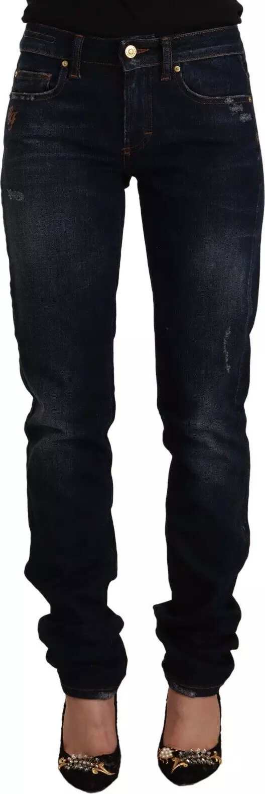 Dark Blue Washed Mid Waist Cotton Denim Skinny Jeans