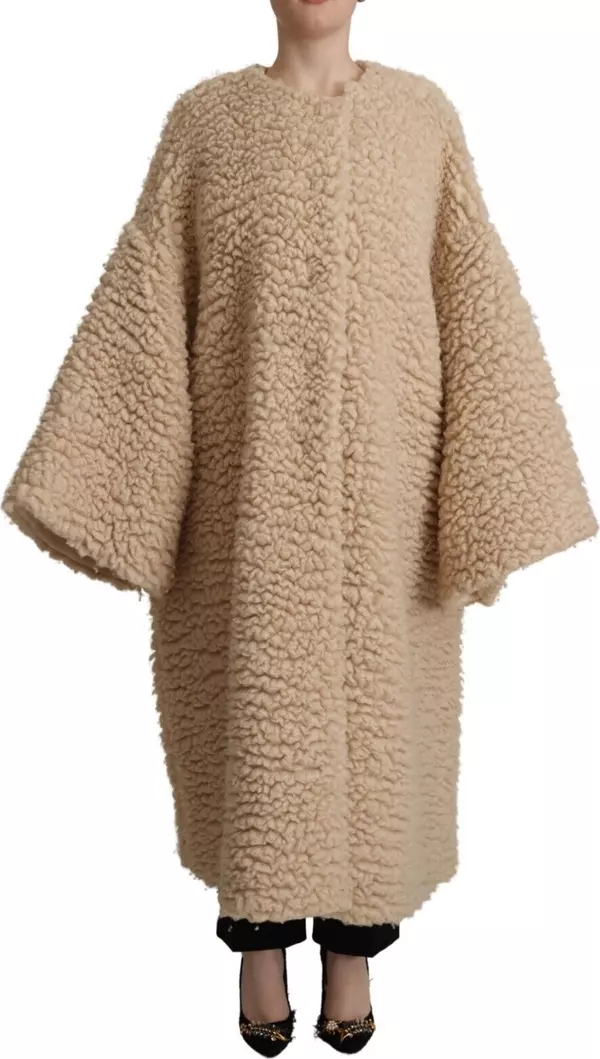Beige Cashmere Wool Faux Fur Coat Jacket