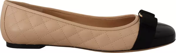 Beige and Black Nappa Leather Ballet Flat Shoes