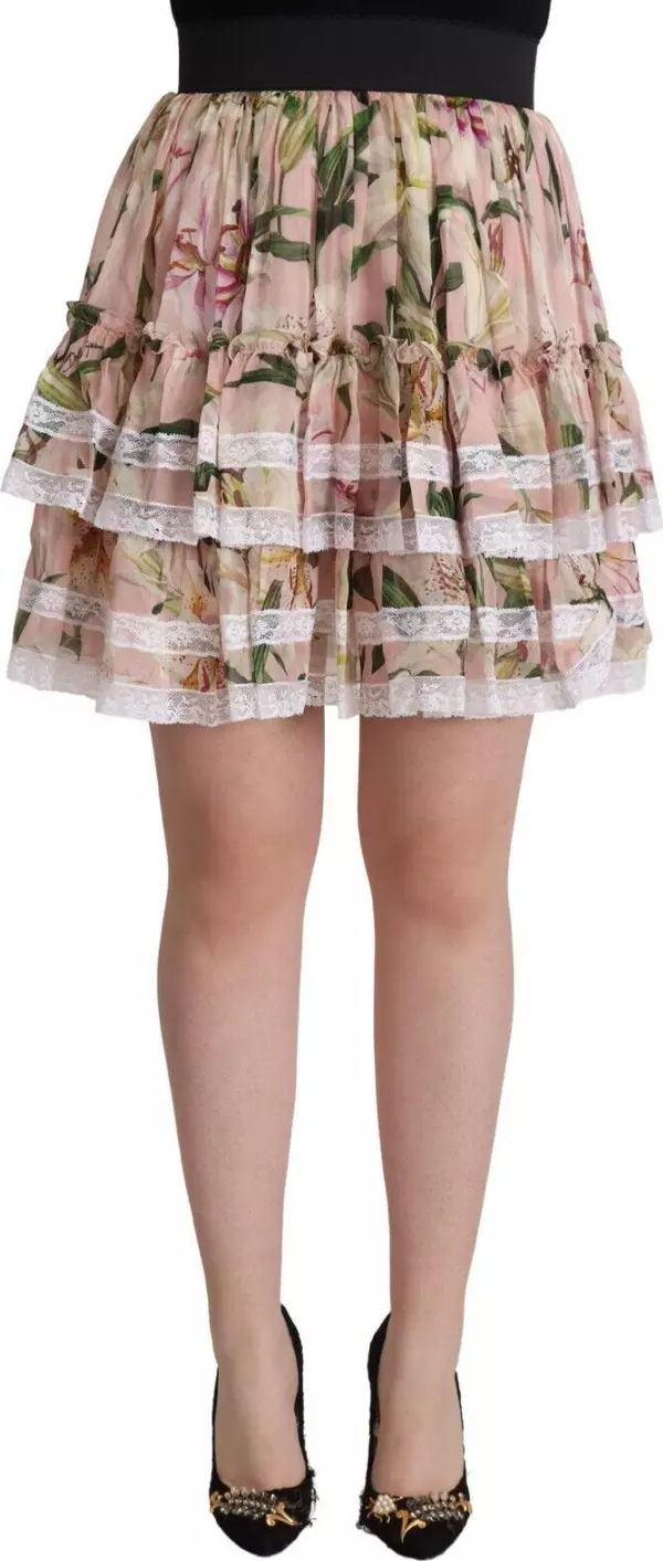 Pink Lily Print Silk Mini Tiered A-line Skirt