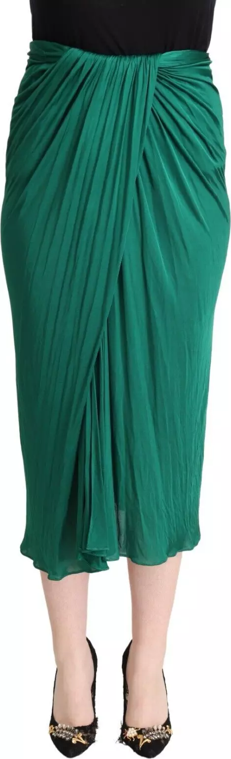 Dark Green High Waist Midi Pencil Cut Pleated Skirt
