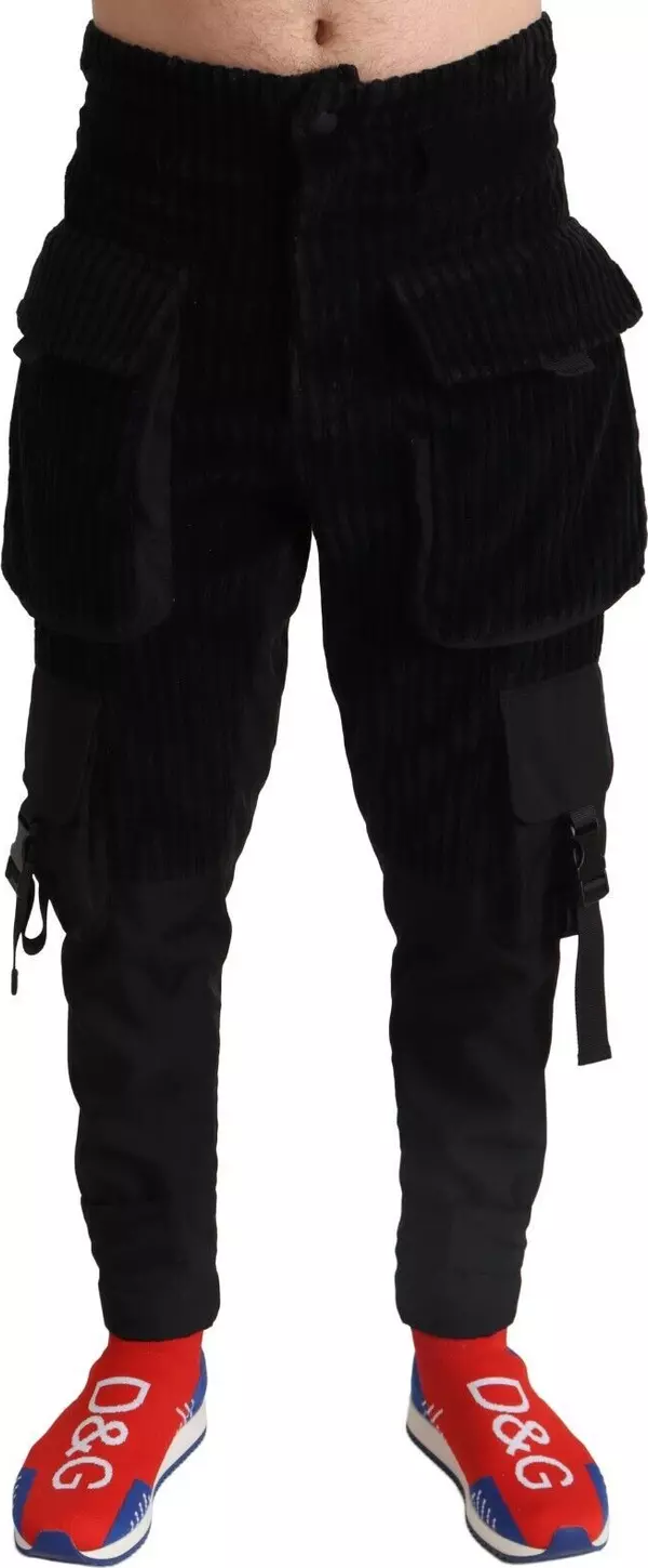 Black Cotton Skinny Corduroy Cargo Pants