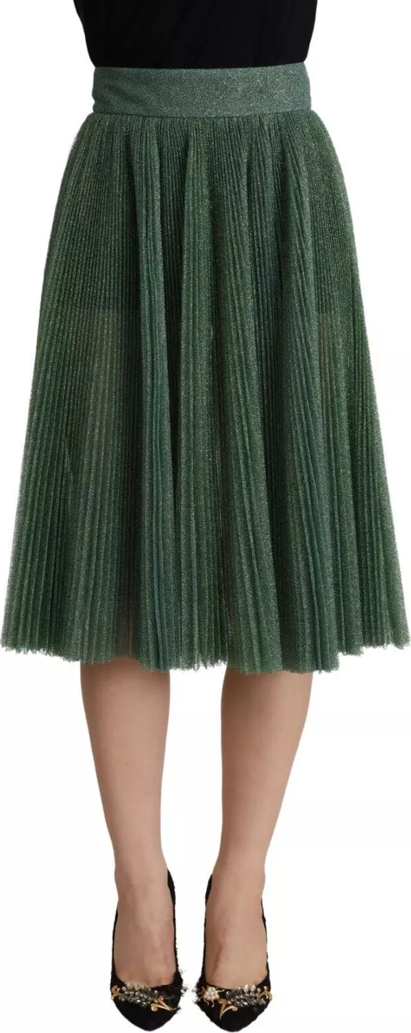 Metallic Green High Waist A-line Pleated Skirt