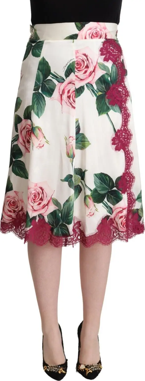 White Rose Print High Waist Midi A-line Skirt
