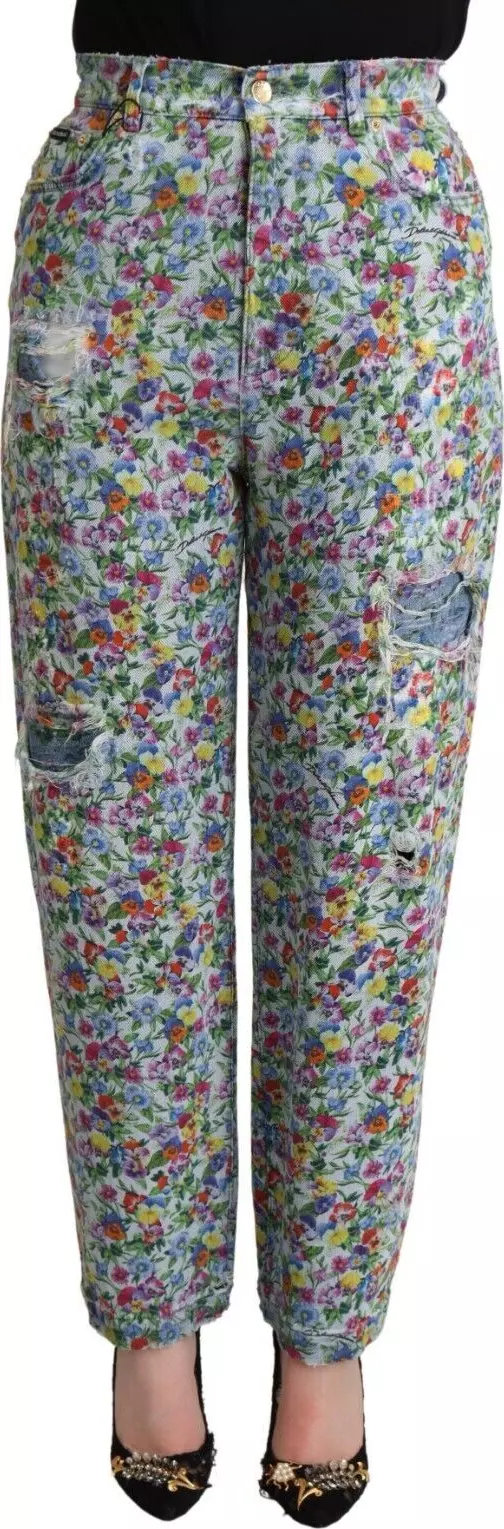 Blue Floral Print High Waist Denim Tapered Jeans