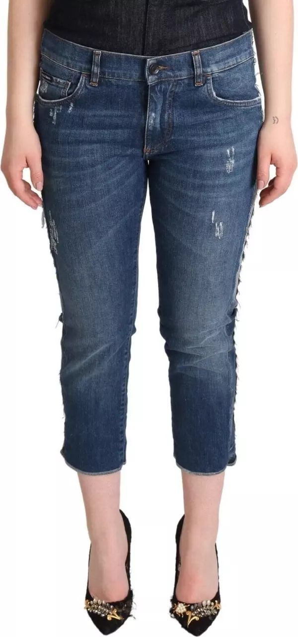 Blue Washed Mid Waist Denim Logo Cropped Jeans