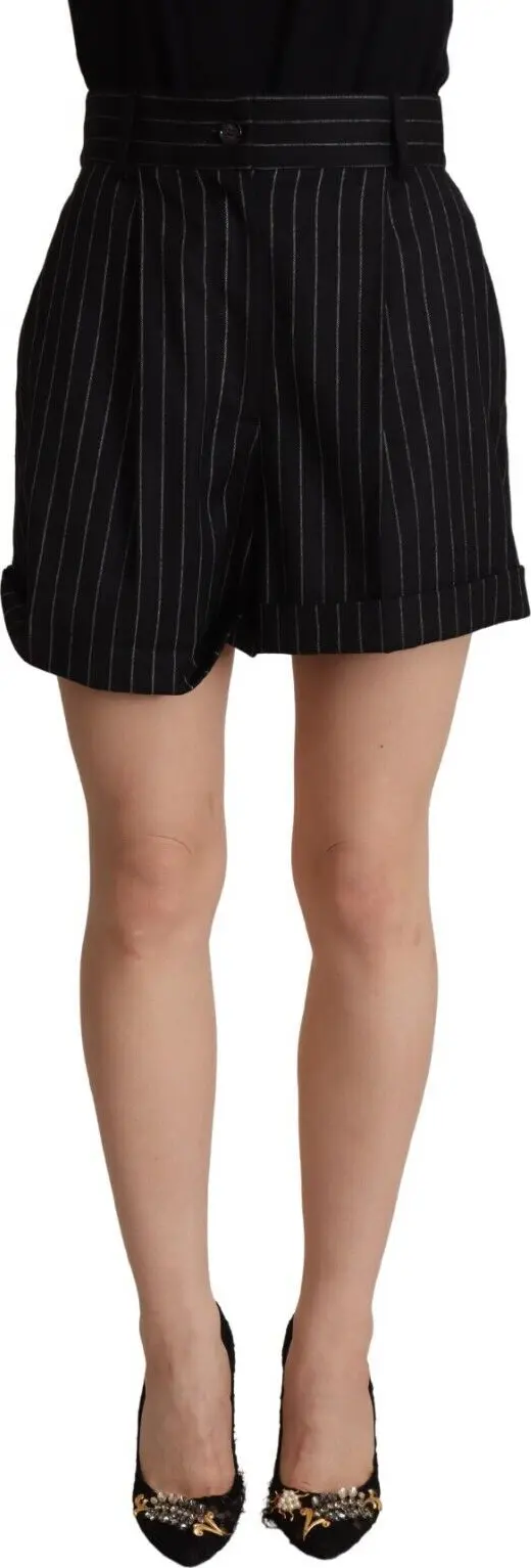 Black Stripes Wool High Waist Trouser Bermuda Shorts