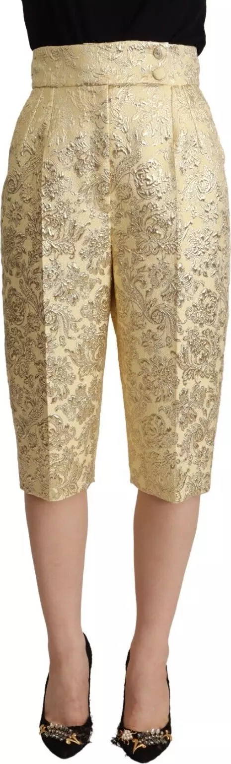 Beige Floral Brocade High Waist Trouser Cropped Pants