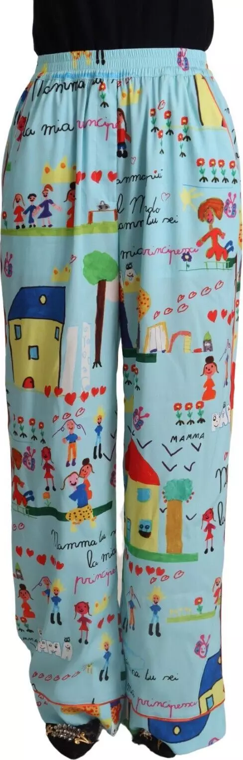 Light Blue Drawing Mid Waist Wide Leg Pants