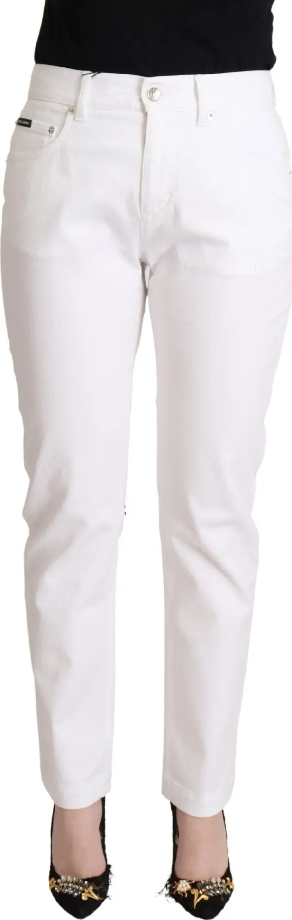 White Cotton Mid Waist Denim Tapered Jeans