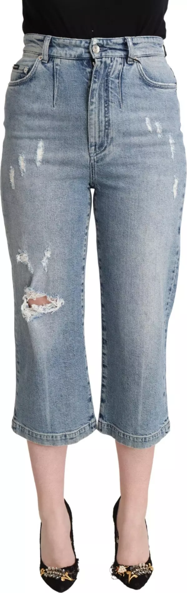 Blue Tattered Cotton Denim Capri Cropped Jeans