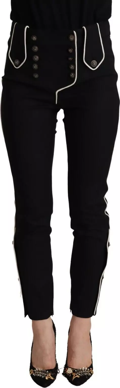 Black Mid Waist Button Embellished Slim Fit Pants