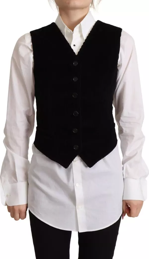Black V-neck Leopard Corduroy Button Vest Top