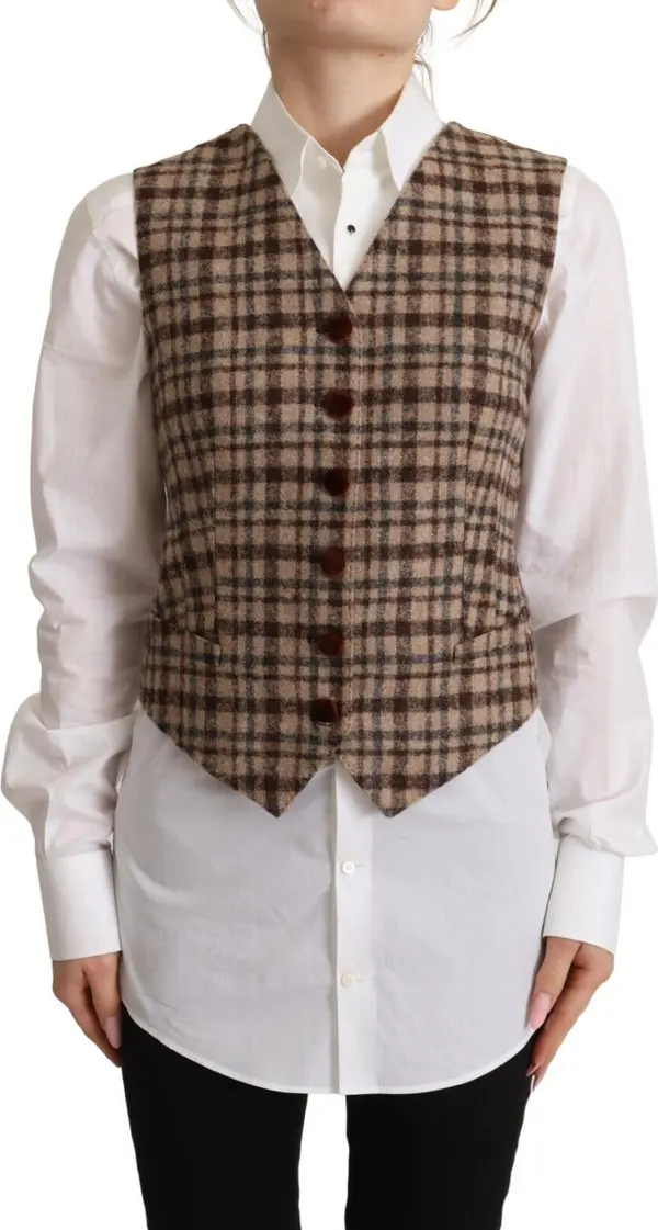 Brown Checkered Leopard V-neck Sleeveless Vest Top