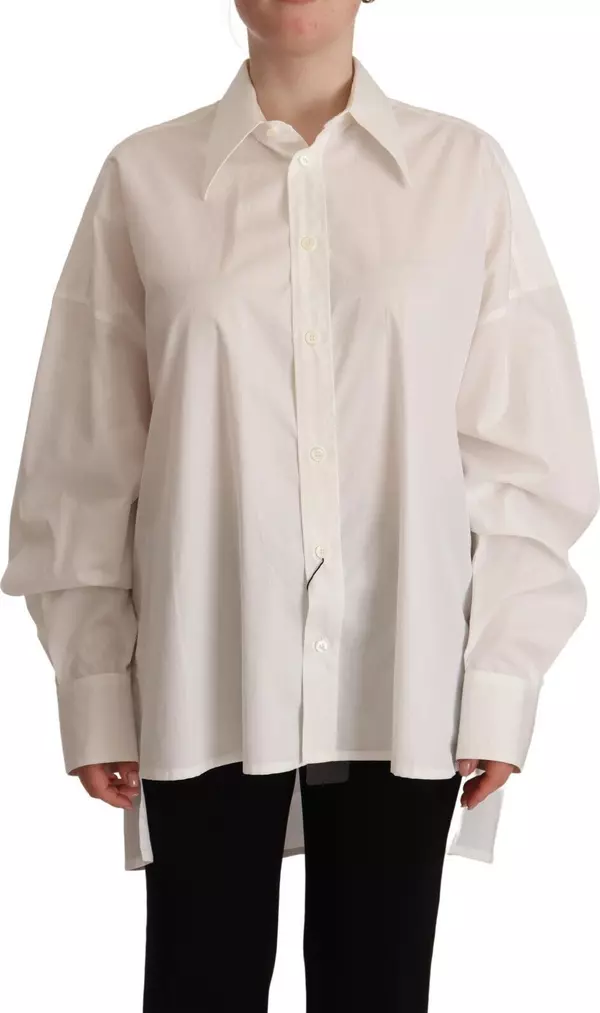 White Cotton Button Up Collared Long Sleeve Top