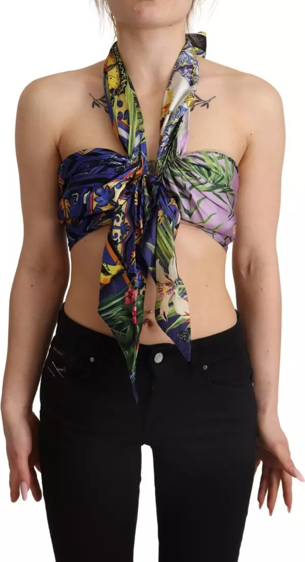 Multicolor Foulard Silk Halter Cropped Top