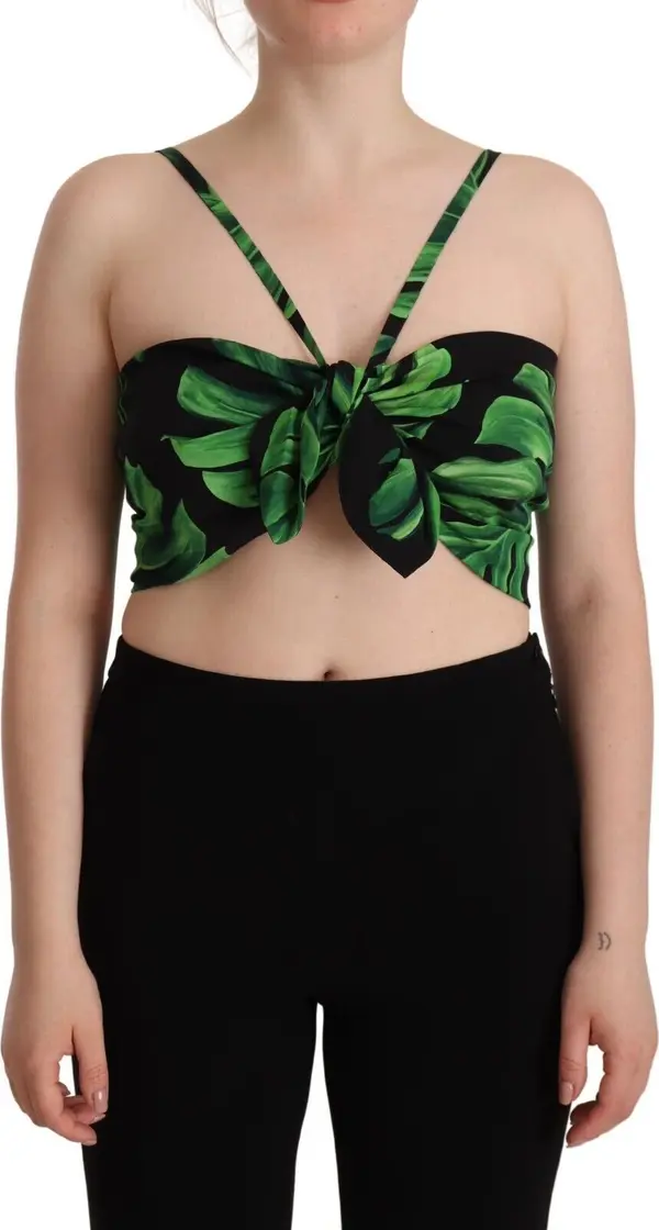 Black Green Leaf Silk Halter Cropped Top
