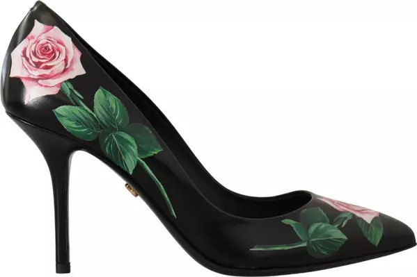 Black Leather Roses High Heels Pumps Shoes