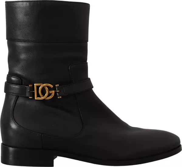Black Leather Flats Logo Short Boots Shoes